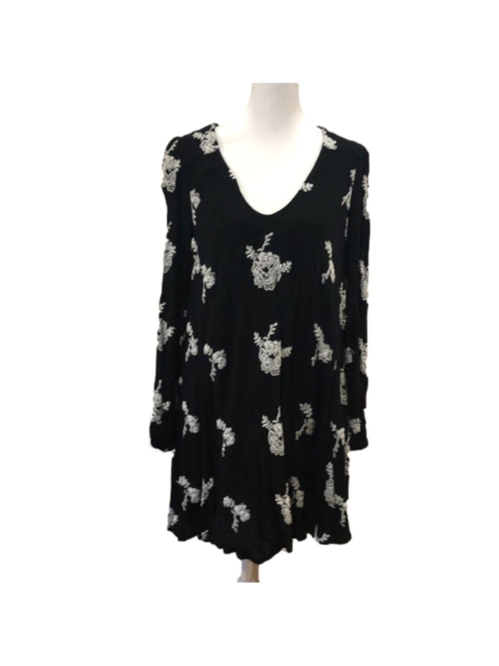 Free People Emma Flare Dress Crinkled Gauze Floral Keyhole Back Black & White S